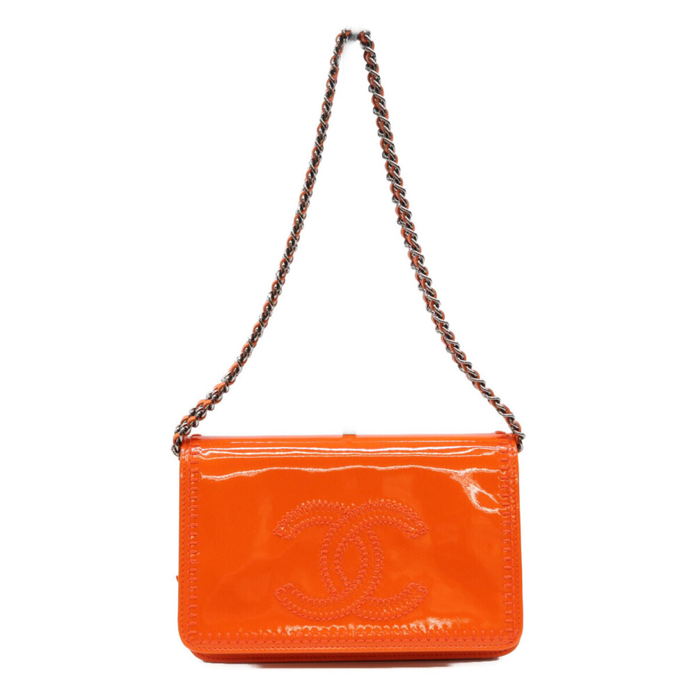CHANEL Orange Coco Mark Stitch Patent Leather Chain Wallet Shoulder Bag Silve...
